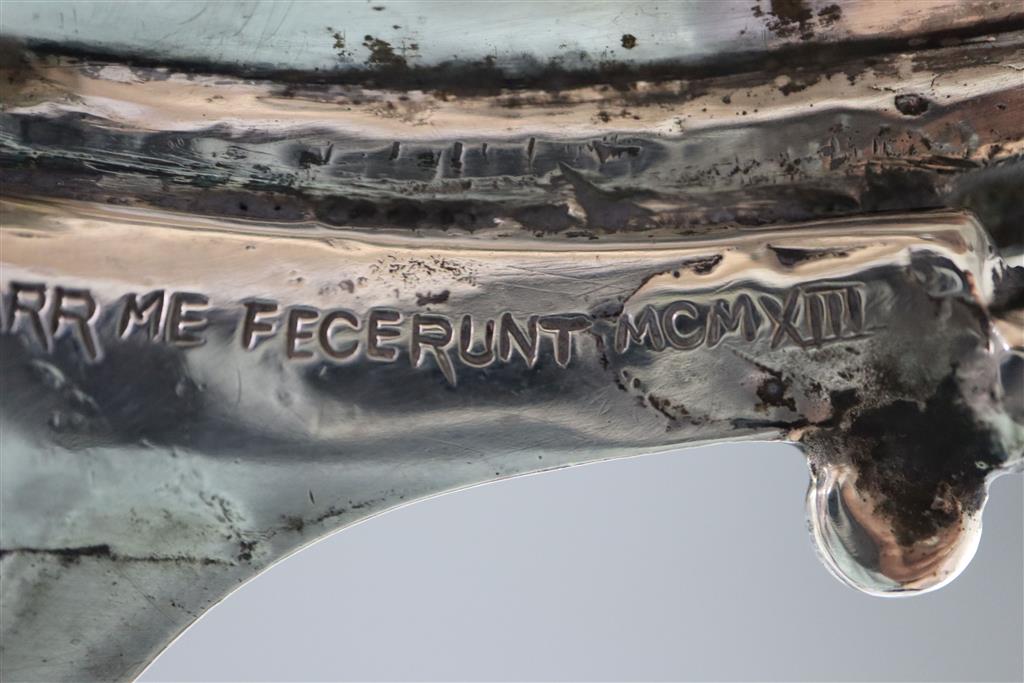 A George V Arts & Craft planished silver hors doeuvres circular dish by Ramsden & Carr,